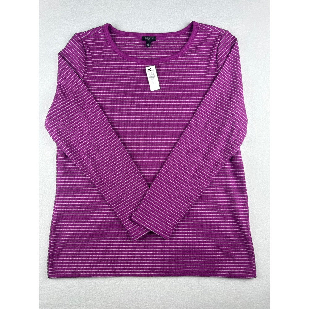 Talbots Plus 1X Purple Metallic Striped Ribbed Long Sleeve Crew Neck Top NWT